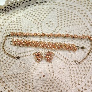 Coral And Gold Three Piece Set Bracelet Nacklace Clip On Earrings